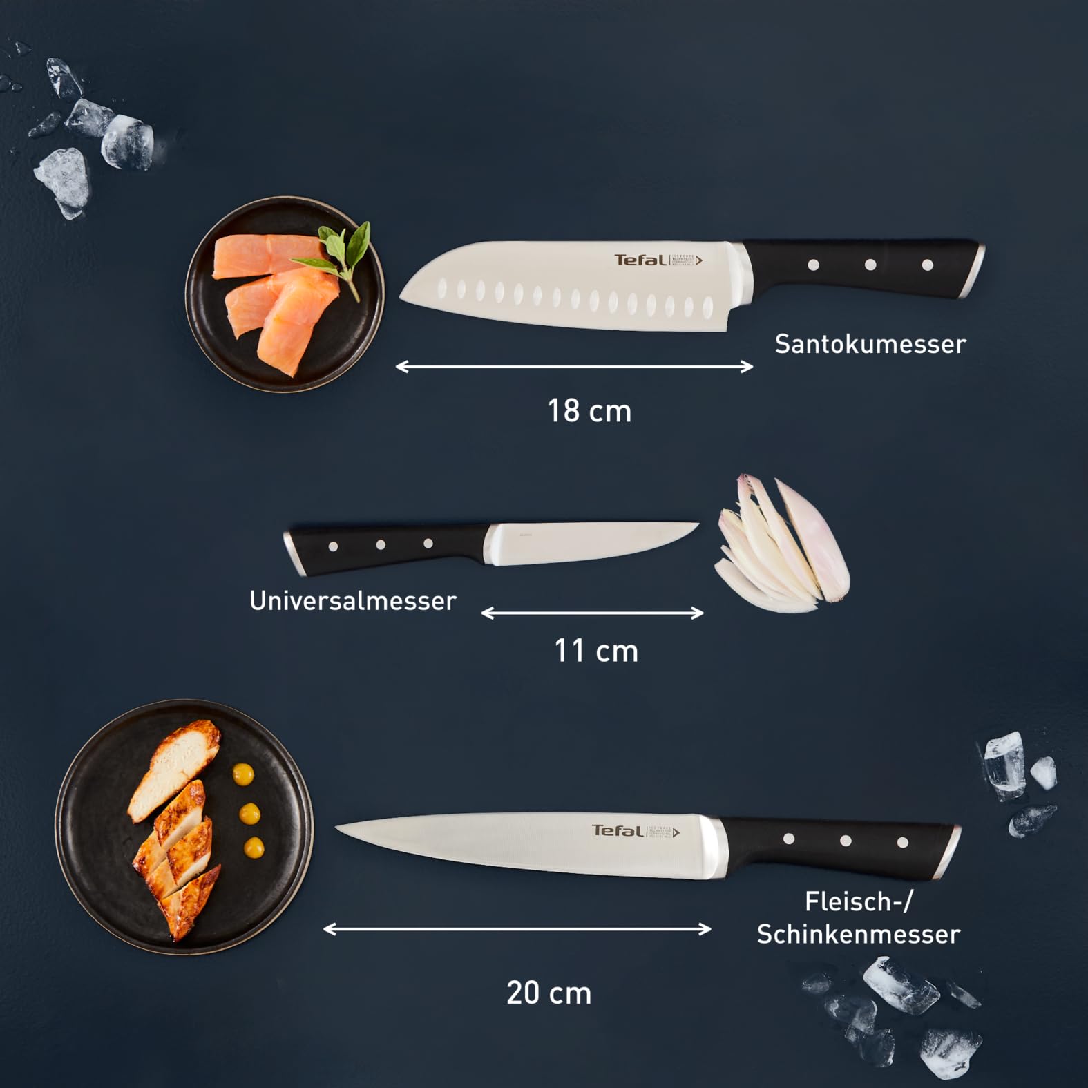 Tefal Ice Force Messerblock aus Holz, 5 Messer, Brotmesser 20 cm, Chefmesser, Santokumesser 18 cm, Gemüsemesser 11 cm, Tranchiermesser 9 cm, Edelstahl, braun/schwarz, K232S5
