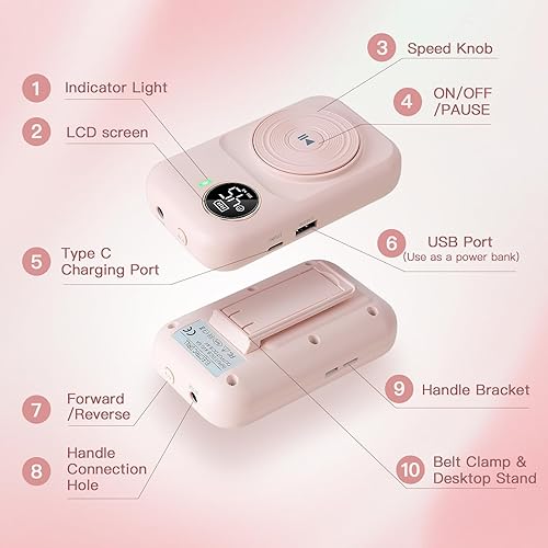 Miniatura 6 de Madenia Taladro de uñas profesional recargable, lima de uñas eléctrica portátil de 45000 RPM, lima E para uñas de gel acrílicas, adecuada para uso