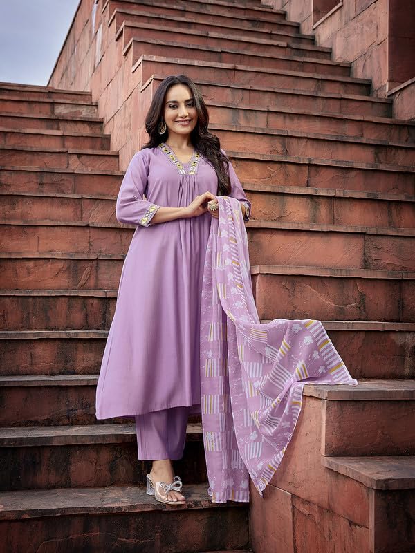 Image of Royal Export Women's Viscose Yoke Mirror Work Solid Flared Kurta Pant with Dupatta Set, Anarkali Kurta Sets for Women