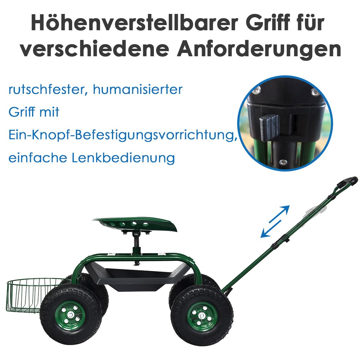 COSTWAY Rollsitz mit Rollen, Gartenwagen mit ausziehbarem Griff & Korb, höhenverstellbar | 360° drehbar | bis 150kg, fahrbarer Gartensitz, Gartenrollsitz für Gartenarbeit, Grün (96,5x48,5x45,5-54,5cm)