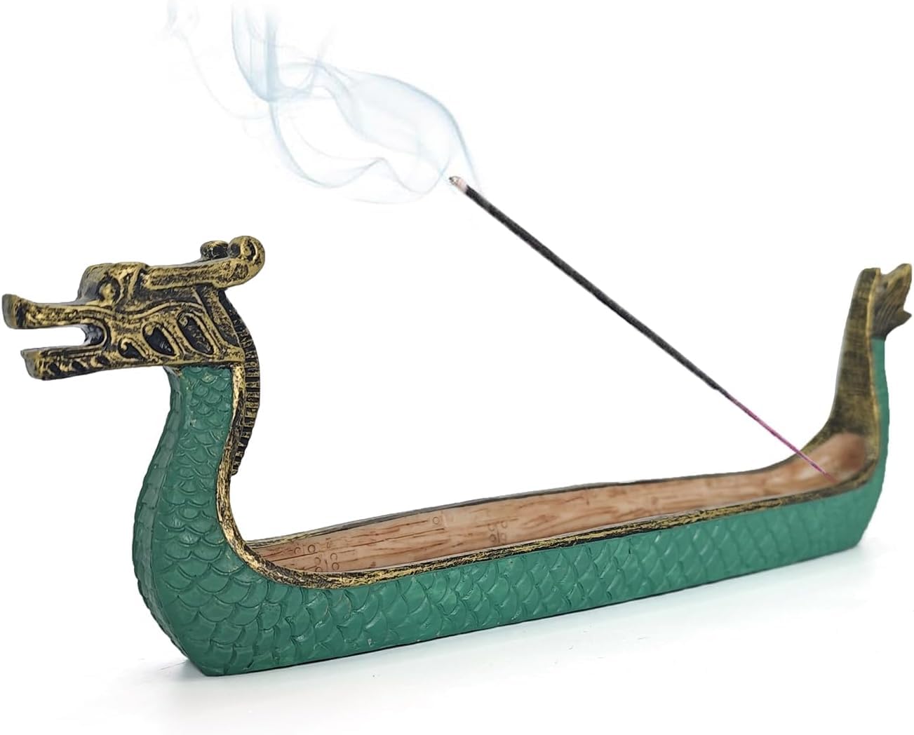Retro Hand Carved Viking Dragon Boat Incense Holder | Wooden Censer Burner & Incense Stick Holder | Ornamental Carving Home Decor (Retro Green)