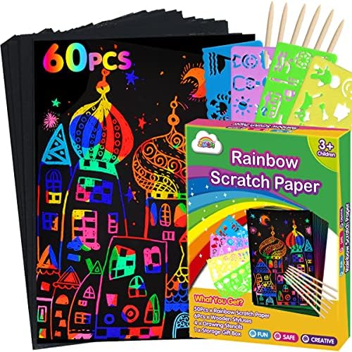 ZMLM Scratch Paper Art Set: 60Pcs Magic Drawing Art Craft Kid Black Scratch Off Paper Supply Kit Toddler Preschool Learning Bulk Toy for Age 3 4 5 6 7 8 9 10 Girl Boy Christmas Birthday Party Gift
