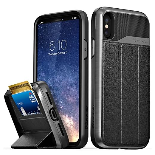 Vena iPhone Xs/X Wallet Case, [vCommute][Military Grade Drop Protection] Flip Leather Cover Card Slot Holder with Kickstand Compatible with Apple iPhone Xs 2018 / X 2017 5.8" (Space Gray/Black)