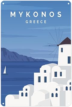 Mykonos Wall Sign - Greek Island Metal Plaque Holiday Momento - Wall Decor Greece Souvenir Gift 28cm x 20cm