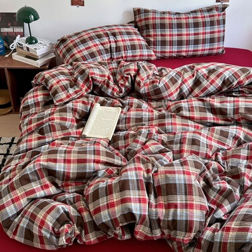 Image of VM VOUGEMARKET Red Brown Plaid Duvet Cover Set King,3 Pieces Washed Cotton Bedding Set,Breathable Luxury Checkered Duvet Cover with 2 Pillowcases