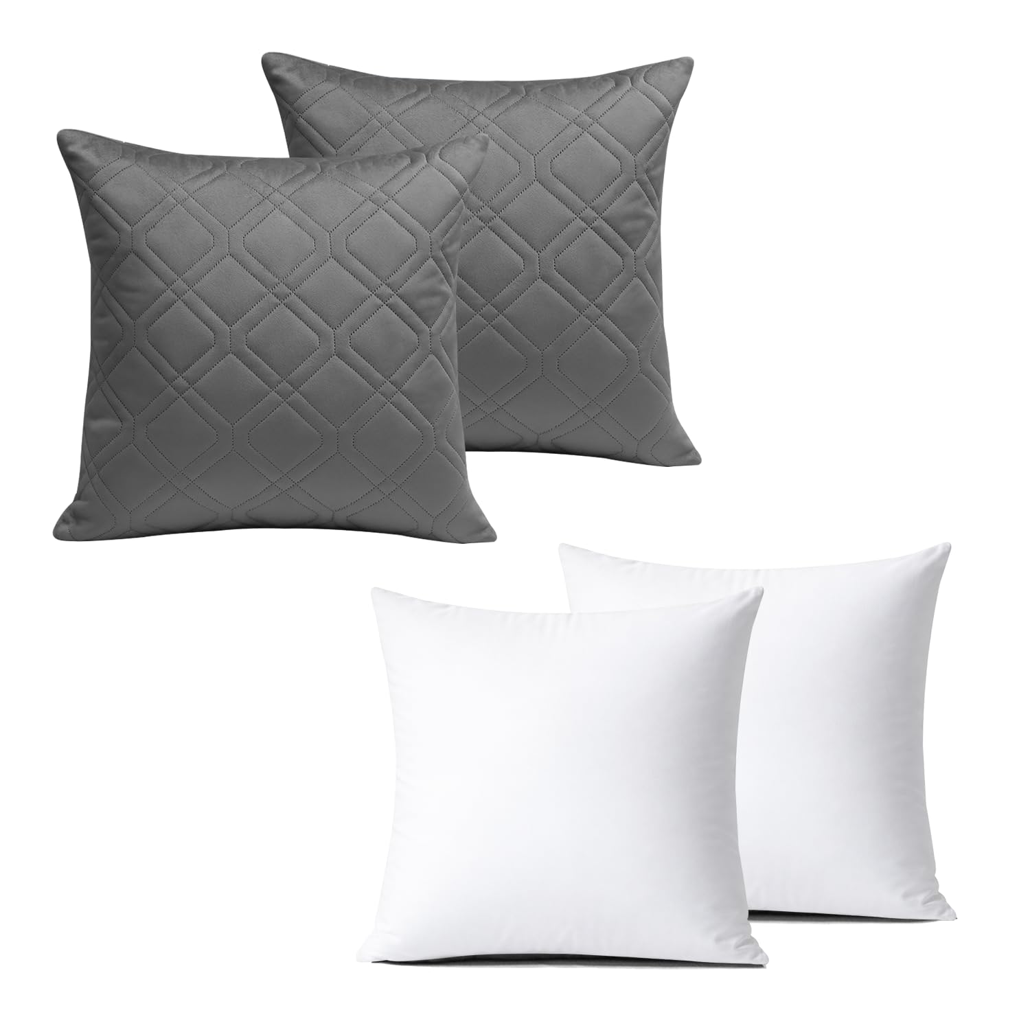 BedLooms Cushions with Covers Included 45x45 cm Grey Pack of 2 (2-Cushion Covers + 2-Cushion Inners) Ultrasonic Diamond Velvet Square Throw Pillow Cases with Invisible Zipper for Office Sofa Bedroom