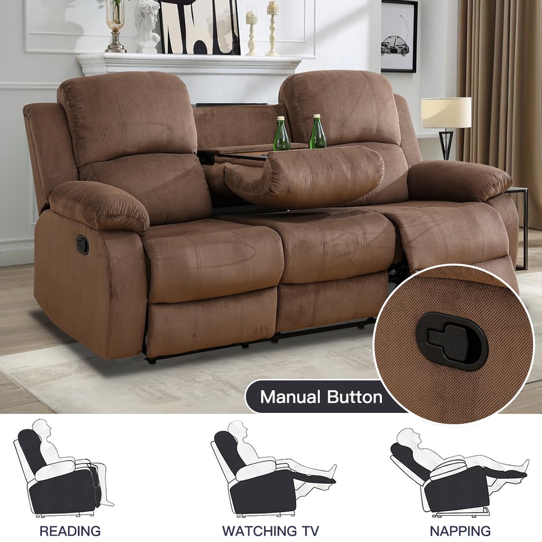 Toseslo Living Room Furniture Set, Manual Reclining Sofa Set, Brown Corduroy Recliner Couch Sets with Drop-Down Table, Recliner Sofa with Storage Console/Cup Holder for Living Room/Apartment view 5