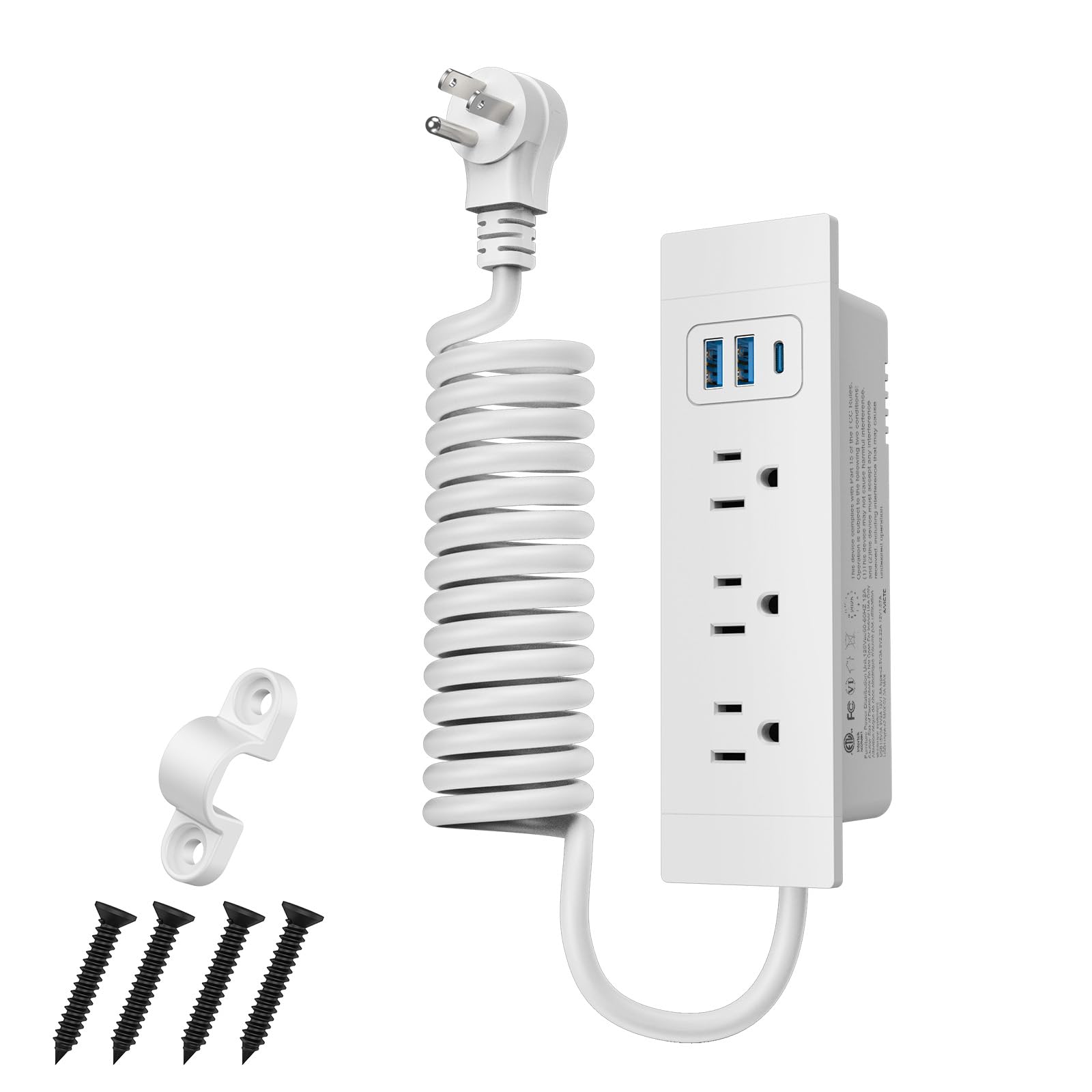 ETL Listed Furniture Drawer Outlet - Recessed Power Strip With 3 AC Outlets & 3 USB Ports (20W Fast Charging), 5ft Spring Cord, Tamper-Resistant