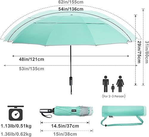 Miniatura 25 de G4Free Paraguas invertido resistente al viento de 54/62 pulgadas con rayas reflectantes, paraguas de golf grande y compacto para lluvia, 10