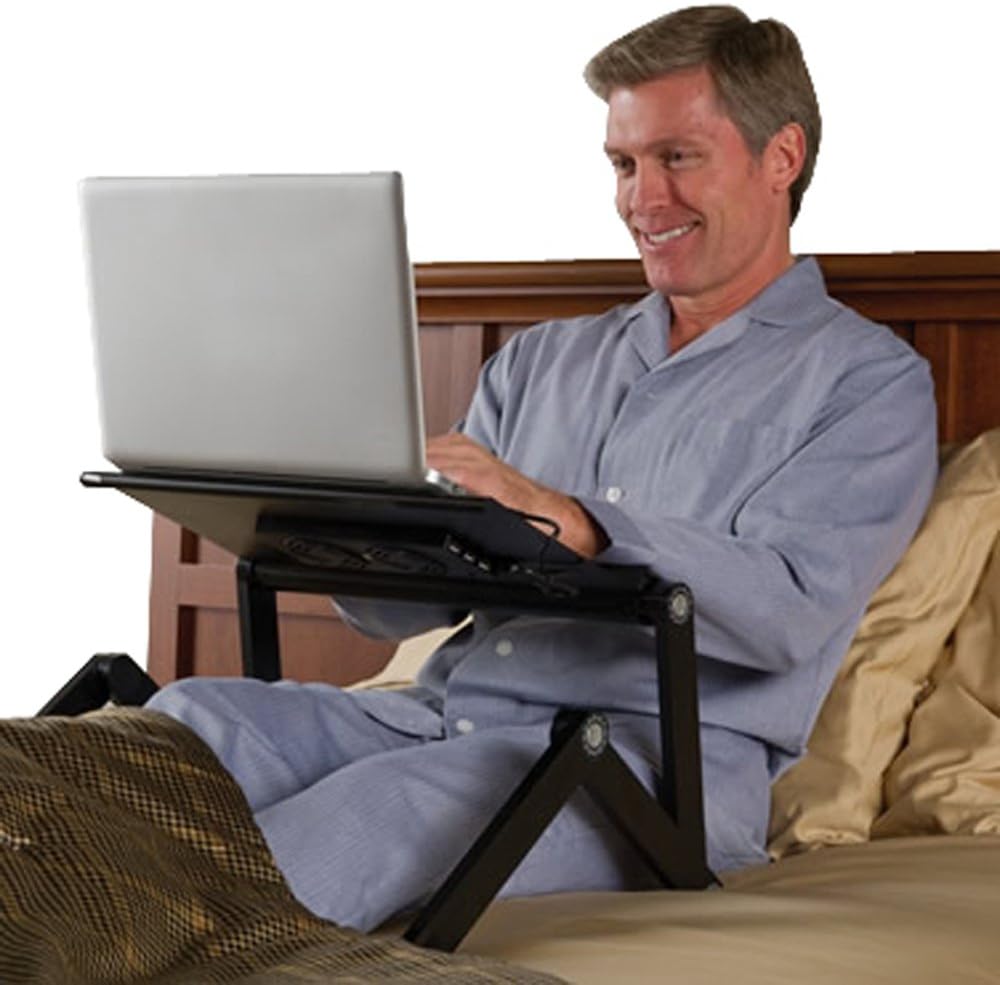 WorkEZ Executive Adjustable Laptop Stand with 2 Fans 3 USB Ports Ergonomic Aluminum Lap Desk for Bed Couch tray holder folding height tilt angle cooling cooler portable desktop riser black : Electronics