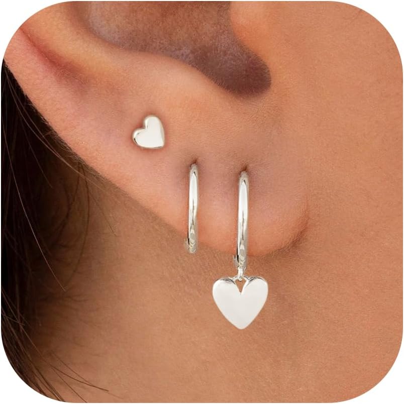 – 3 Pair 925 Sterling Silver Earrings Set for Women 14K Gold Plated Huggie Hypoallergenic Hoops Stud Earring Stacks for Multiple Piercings Jewellery Gifts