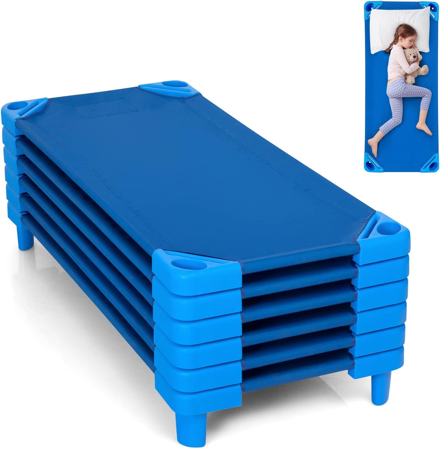 KOTEK Stackable Sleeping Daycare Cots for Kids, Portable Toddler Nap Cots, 52" L x 23" W, Ready-to-Assemble, Space-Saving Children Naptime Cot for Classroom Preschool (Set of 6, Blue)