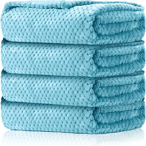 Image of Reginary 4 Pack Fuzzy Blanket 30 x 40'' Waffle Flannel Baby Throw Blankets Warm Nursery & Crib Blankets for Girl & Boy Newborn Infant(Light Blue)