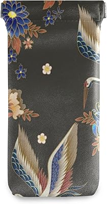 susiyo Elegant Flowers and Cranes Glasses Case Portable Microfiber PU Leather Soft Sunglasses Bag Eyeglasses Pouch Holder Squeeze Top for Women Men