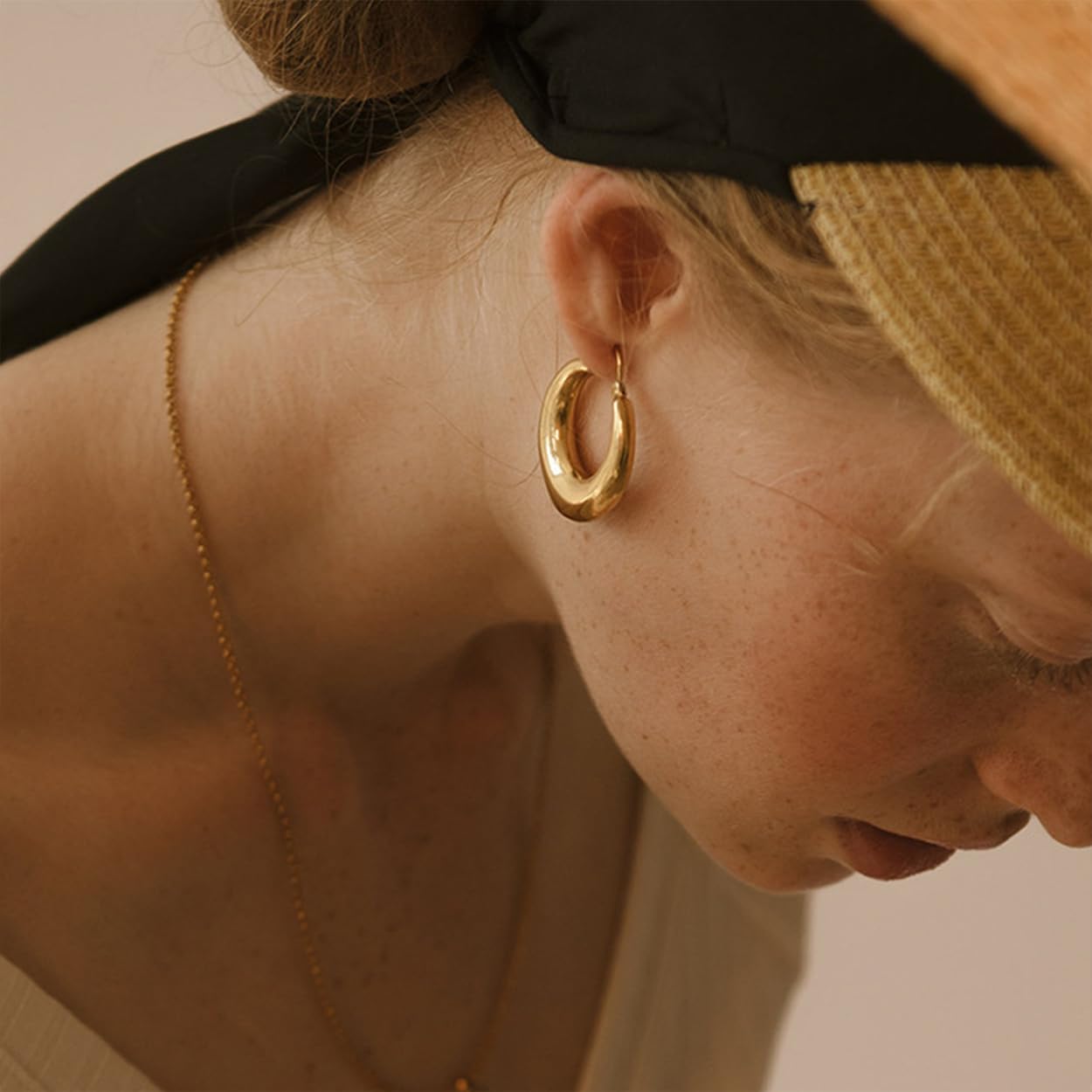 JeanBeau Gold Plated Chunky Hoop Earrings for Women, Trendy Statement Thick Hollow Lightweight Huggie Hypoallergenic Earing Jewelry Gift - Image 3