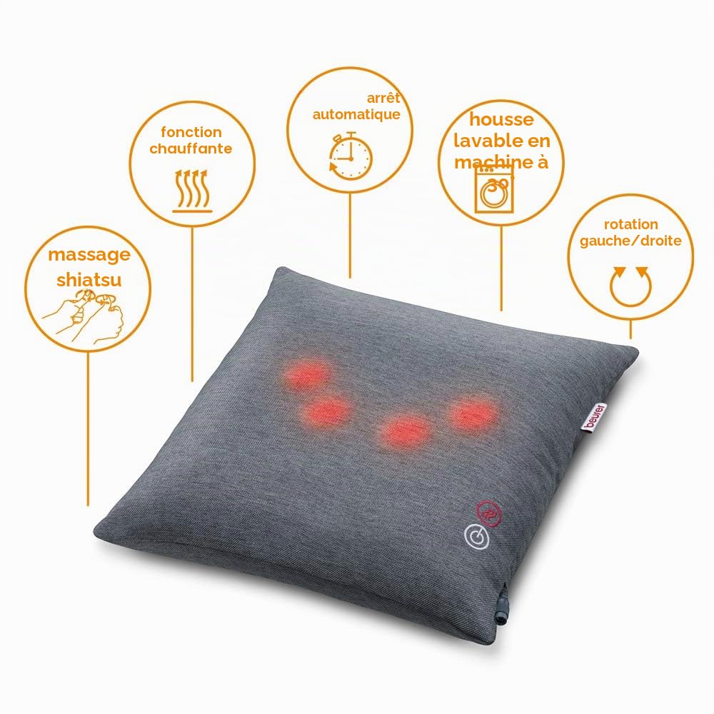 Beurer MG 135 Coussin de massage shiatsu avec fonction de chauffage, 4 têtes de massage, arrêt automatique, lavable, pour les épaules, le cou, le dos et les jambes, Gris, 40 x 40 cm