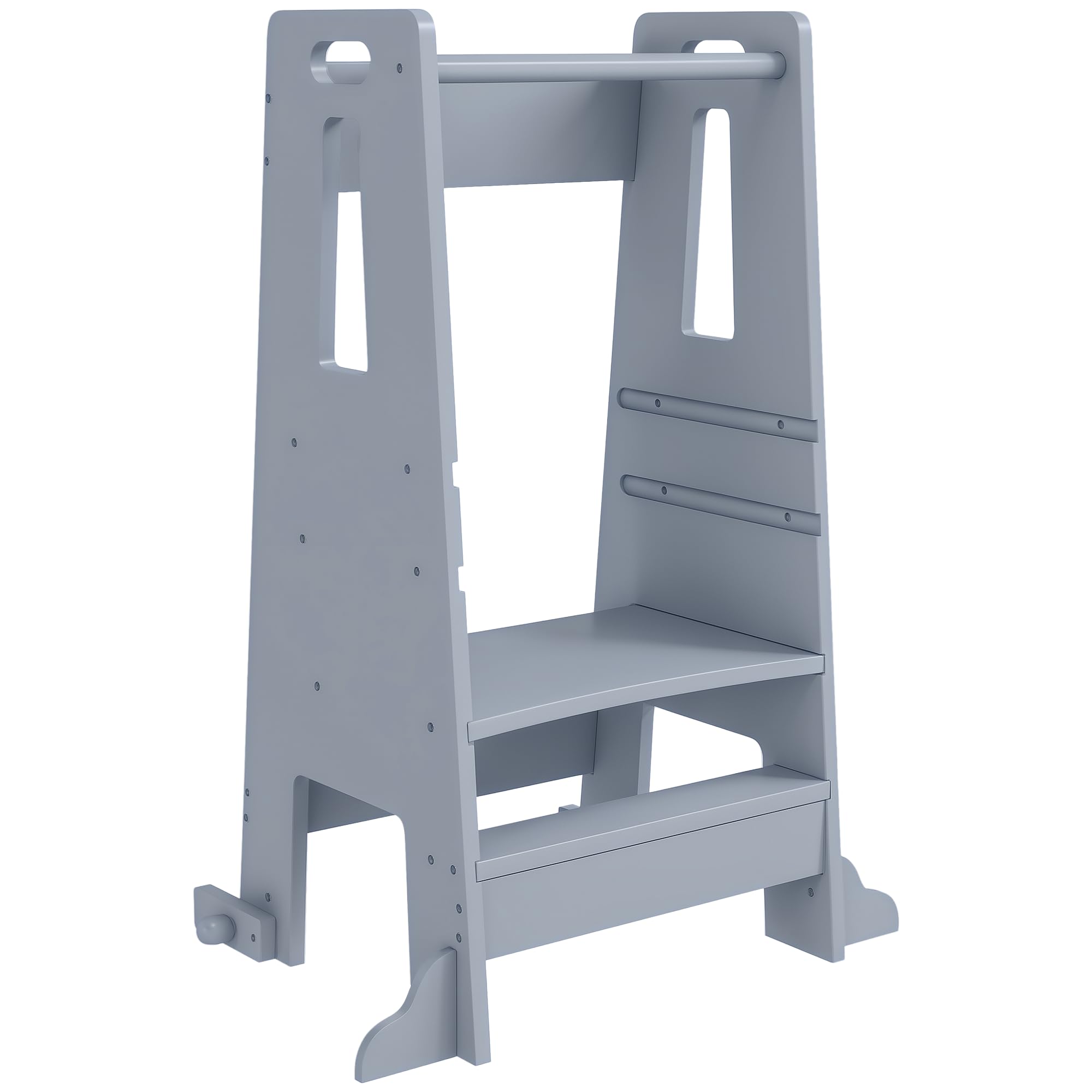 AIYAPLAY Torre de Aprendizaje de Madera Taburete de Aprendizaje para Niños de +3 Años con Pedal Altura Ajustable en 3 Niveles y Barrera de Seguridad para Baño Cocina 45x47,5x91 cm Gris