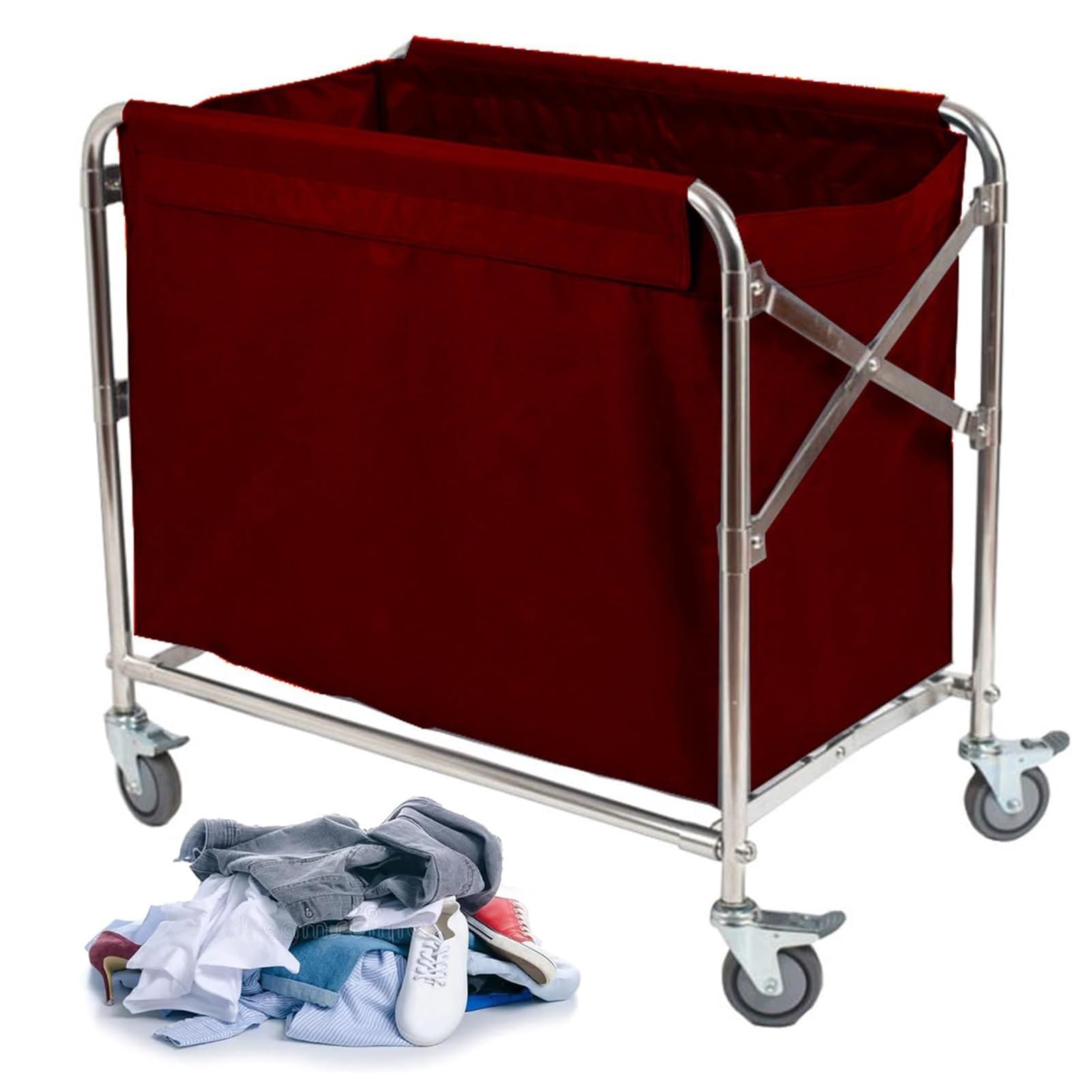 SFSLBFB Heavy Duty Stainless Steel Rolling Laundry Cart with Wheels - Foldable Laundry Basket for Home & Commercial Use Laundry Hamper for Easy Transport