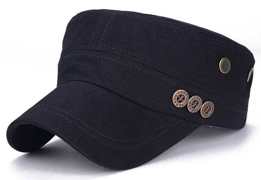 ChezAbbey Solid Brim Flat Top Cap Army Cadet Classical Style Military Hat Peaked Cap