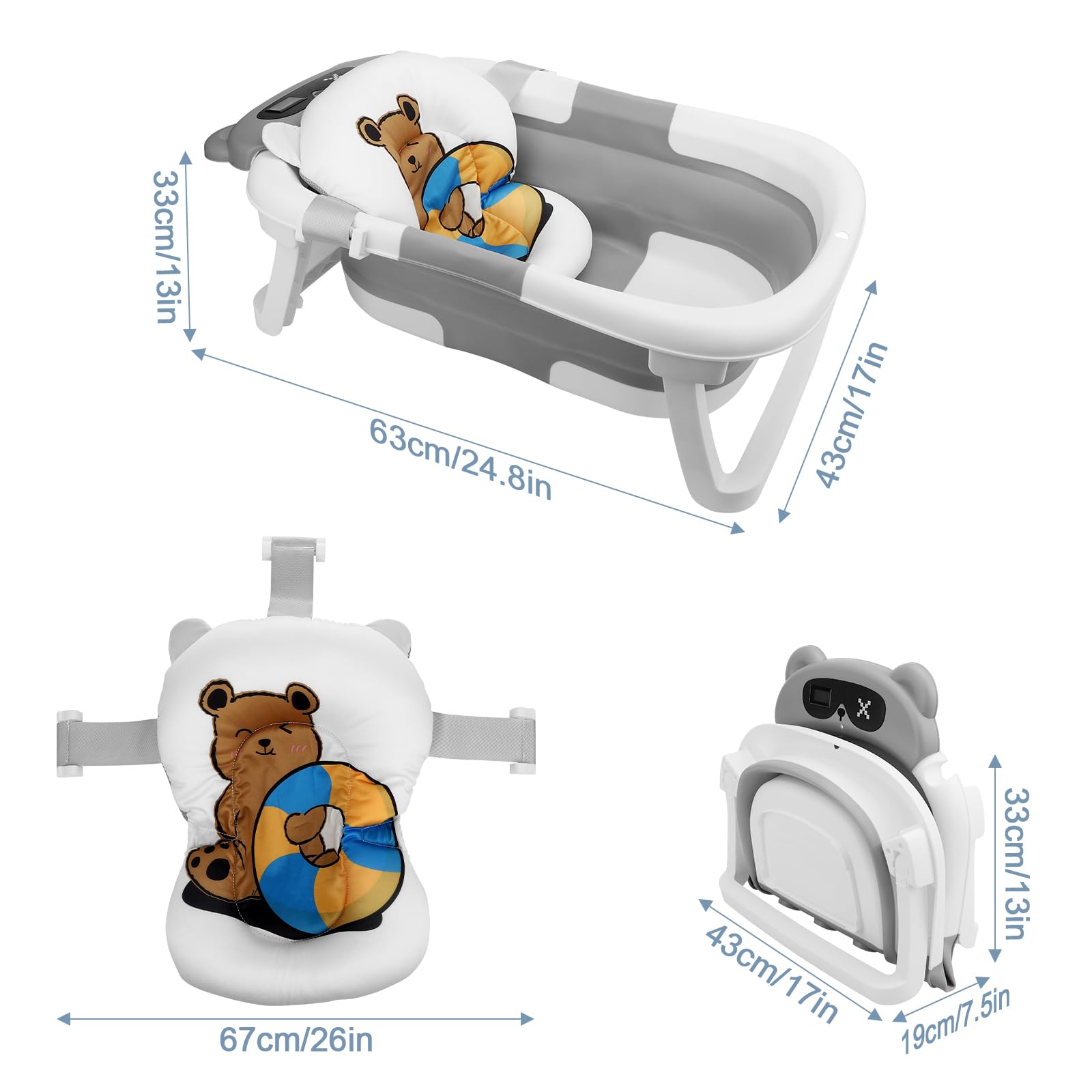 Kasanni Vaschetta da Bagno Pieghevole, Vaschetta Bagnetto Neonato con Indicatore di Temperatura, Vaschetta da Bagno Portatile con Tappetino Antiscivolo, Foro di Drenaggio, per Bambini da 0 a 36 Mesi
