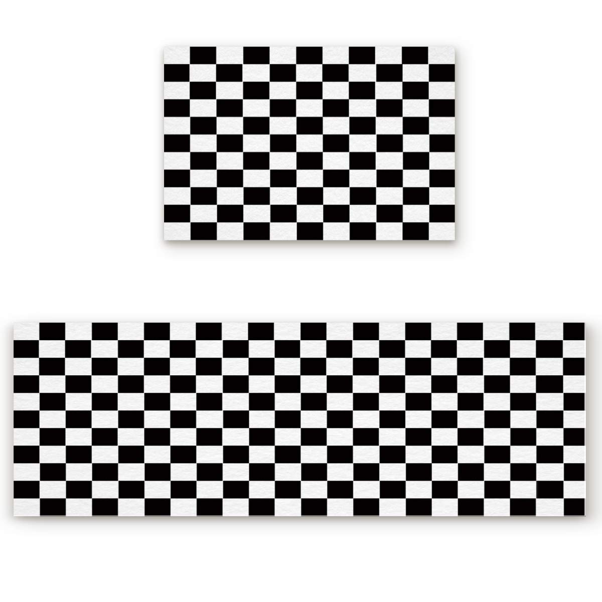 2 Piece Non-Slip Kitchen Mat Runner Rug Set Doormat Black White Checkered Pattern Door Mats Rubber Backing Carpet Indoor Floor Mat (19.7