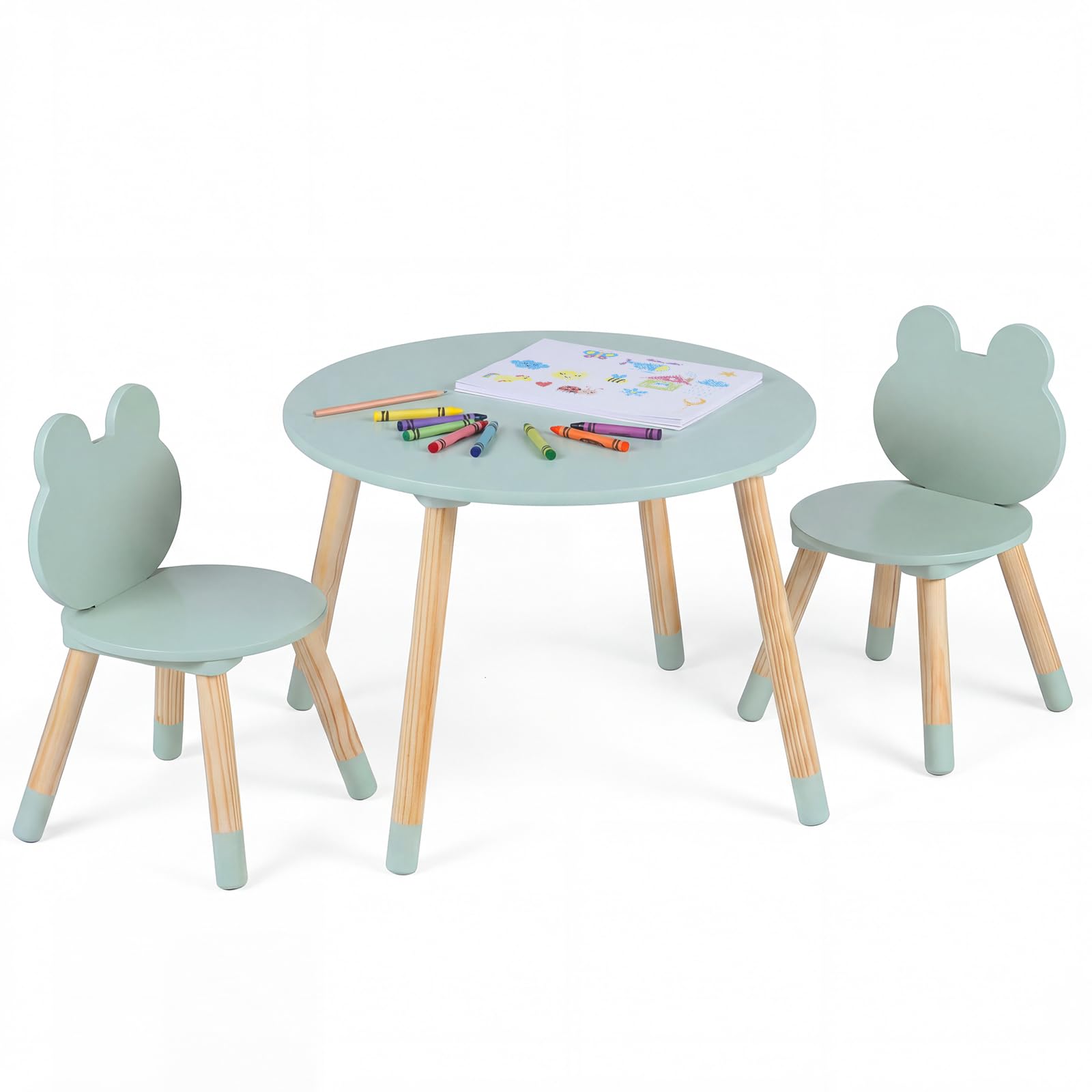COSTWAY Set Tavolo e Sedie per Bambini, Tavolino e 2 Sedie a Forma di Rana con Gambe in Legno e Angoli Arrotondati, Set Mobili Salvaspazio per Bambini 3+ Anni per Cameretta Ragazzi (Verde)