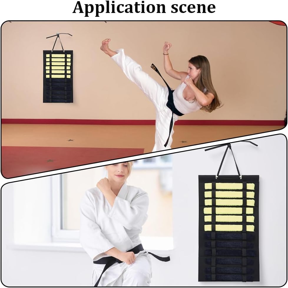 GORGECRAFT Martial Arts Belt Display Black Elastic Straps Holds 12 Karate Belts Holder Organizer Rack with Soft Felt Lining to Prevent Deformation Suitable for Taekwondo BJJ Judo Learners