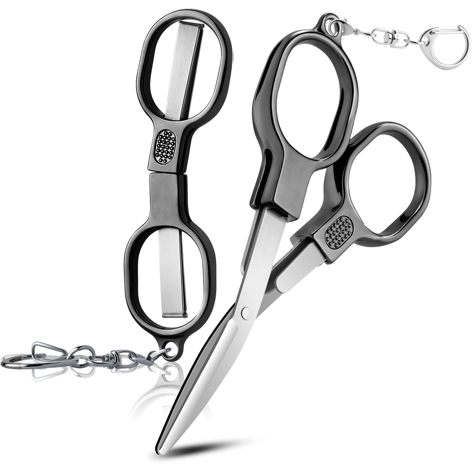 Photo 1 of 2 Pcs Folding Stainless Steel Portable Mini Travel Scissors, Safety Foldable Pocket Badge Small Scissors All Purpose with 2 Keychain for Travel, Office, Craft, Sewing, Nurse Accessories (Gray Black)