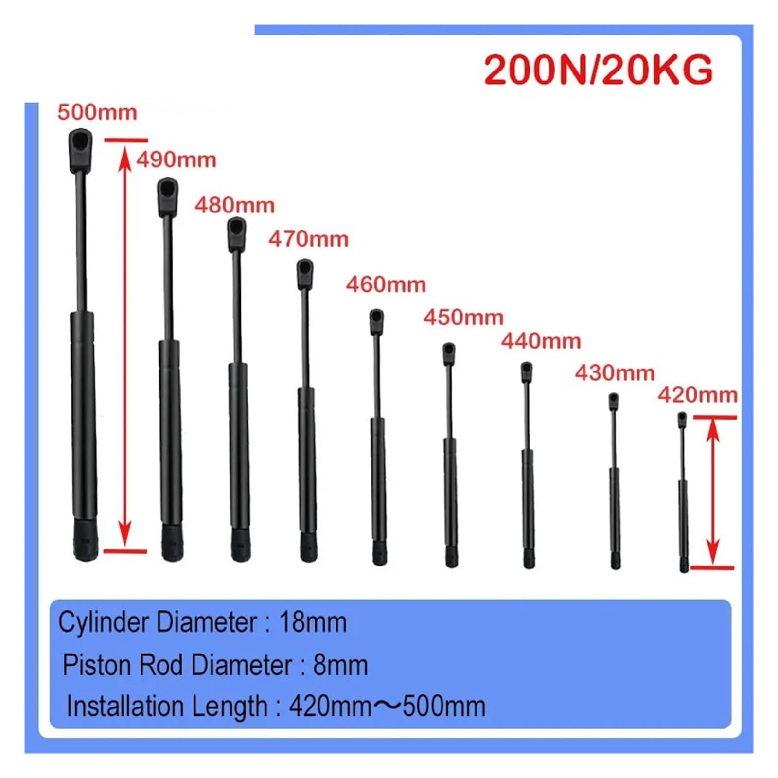 Resorte de gas, 420-500 mm 20 kg/200 N Amortiguador Barra de puntal de soporte de elevación hidráulica(18-8-195-470)