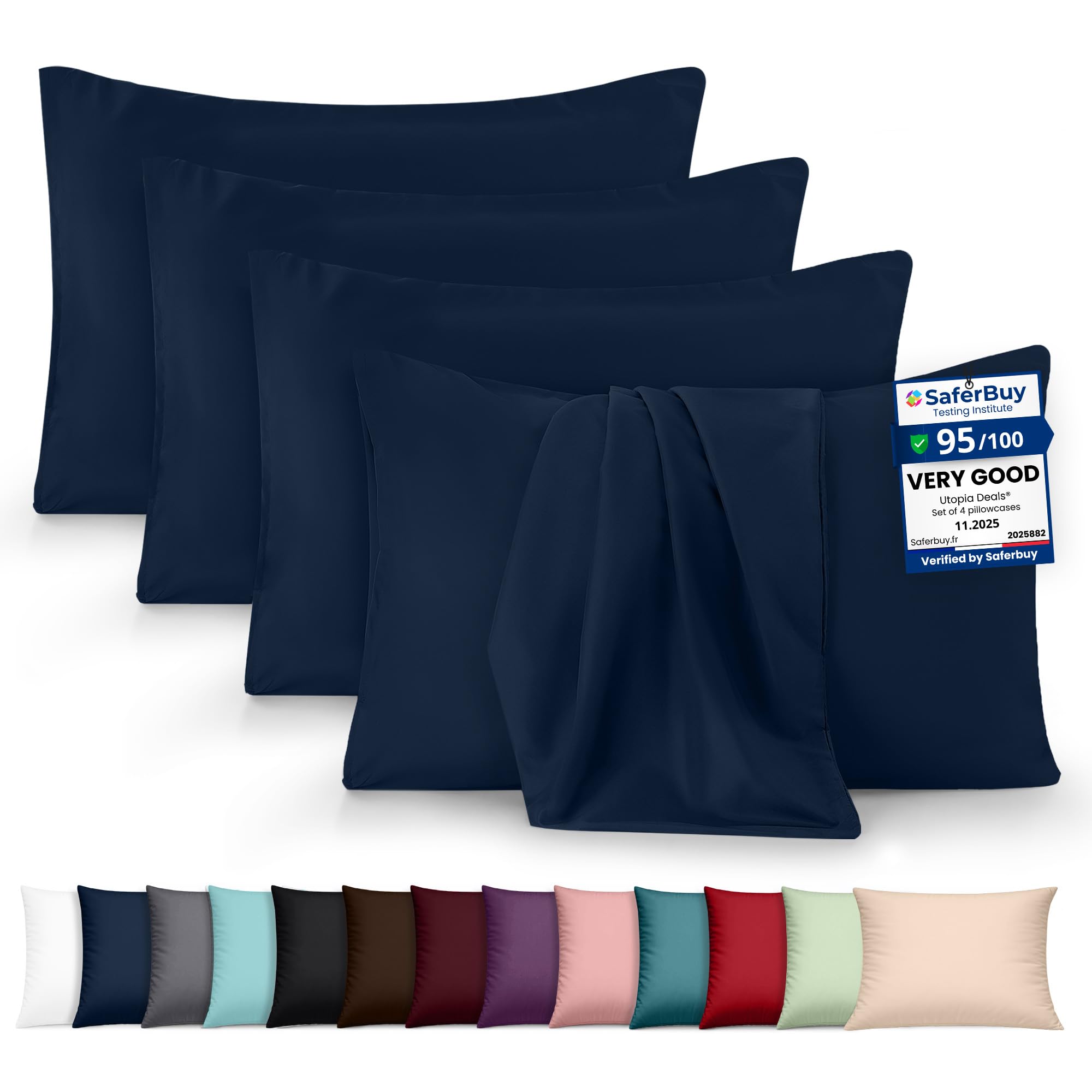 4 Pack Pillow Cases - OEKO-TEX - Standard Size 50x75 cm - 100% Brushed Microfiber Pillowcases with Envelope Closure, pillows not included - Wrinkle, Fade, & Stain Resistant - Navy