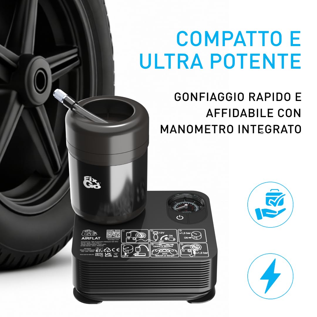 FIX&GO Airflex - Kit de reparación de neumáticos de 12 V – Compresor portátil con sellador – Sistema de reparación rápida para coche