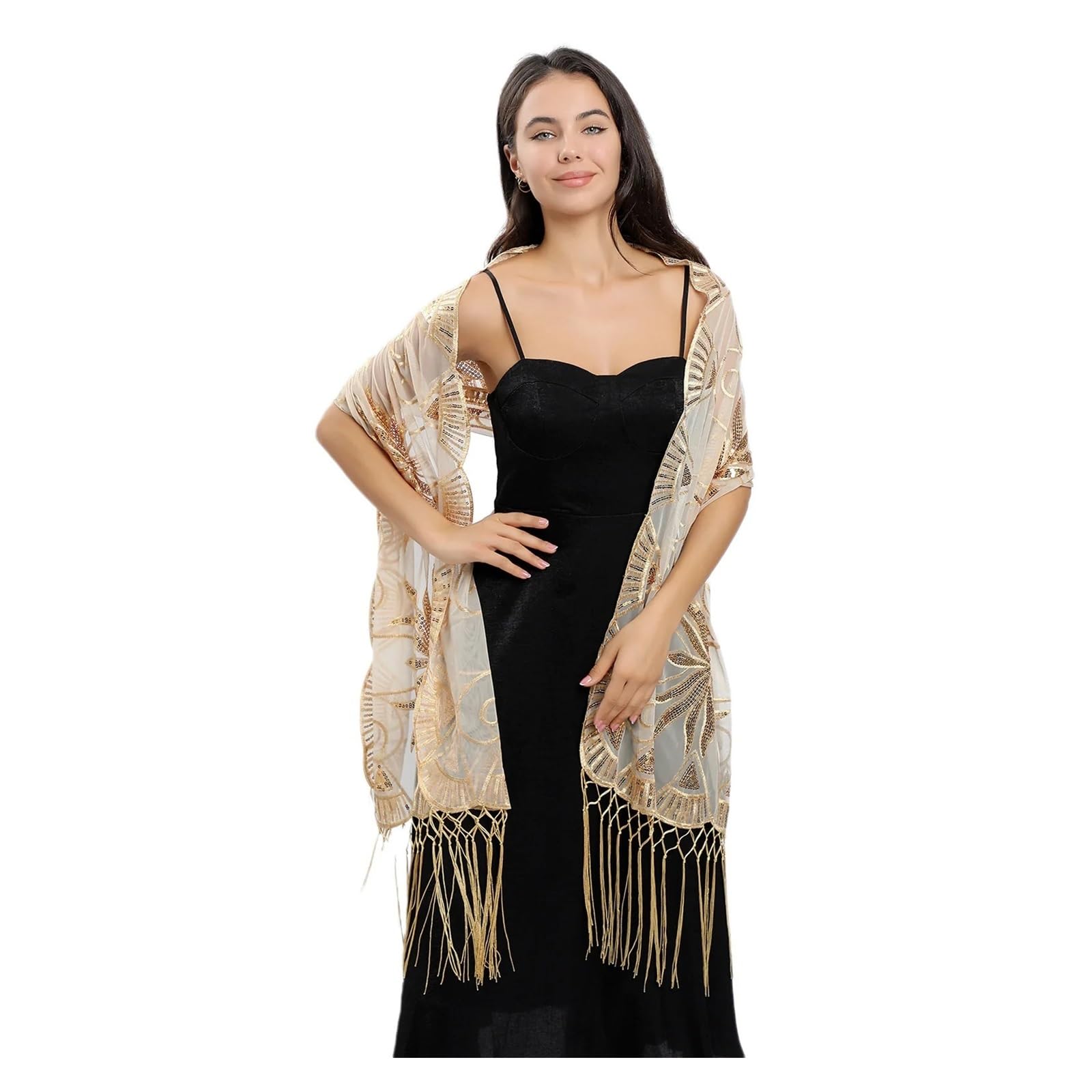 Chal de lentejuelas brillantes Mantón largo bordado de lentejuelas for vestido noche fiesta dama honor, mantón elegante poliéster
