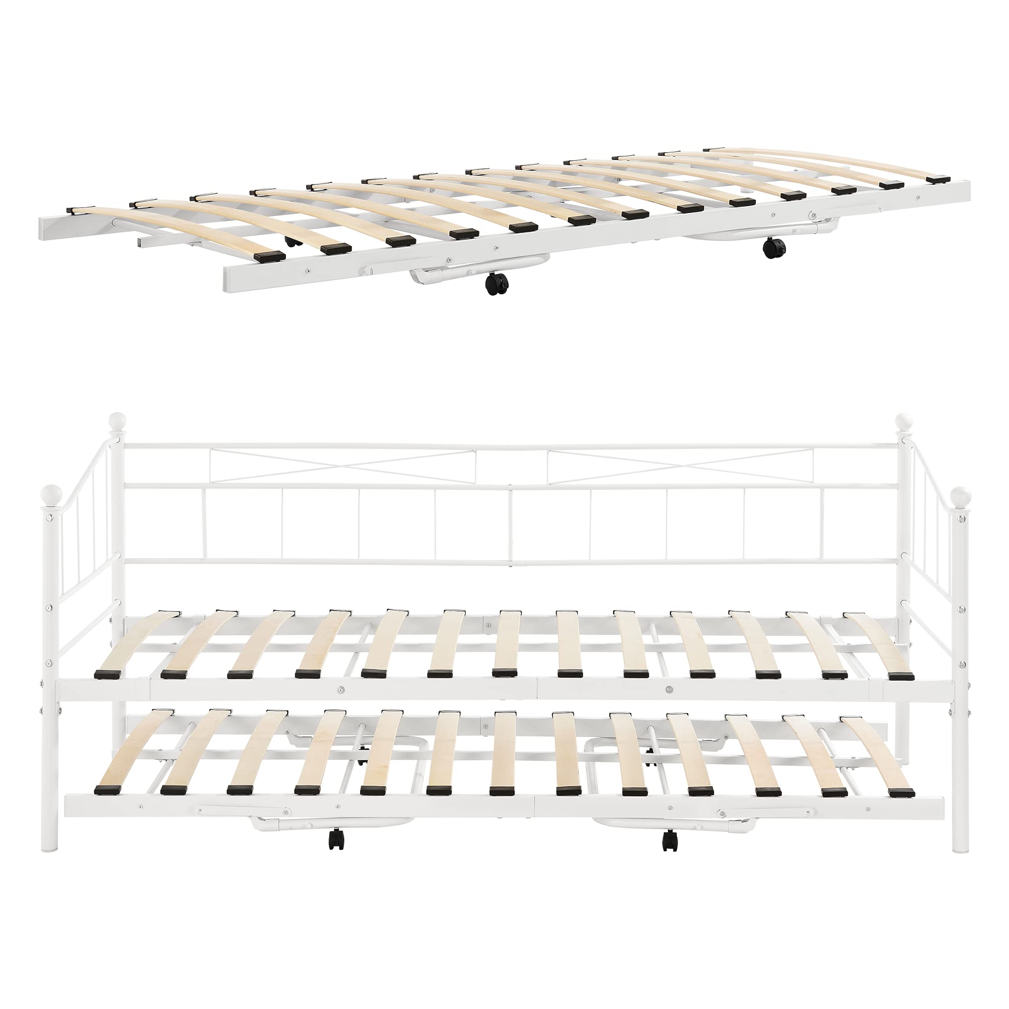 [en.casa] Metall Tagesbett Skutskär 90x200cm Bettsofa mit ausziehbarer Liege Schlafsofa Kojenbett Weiß