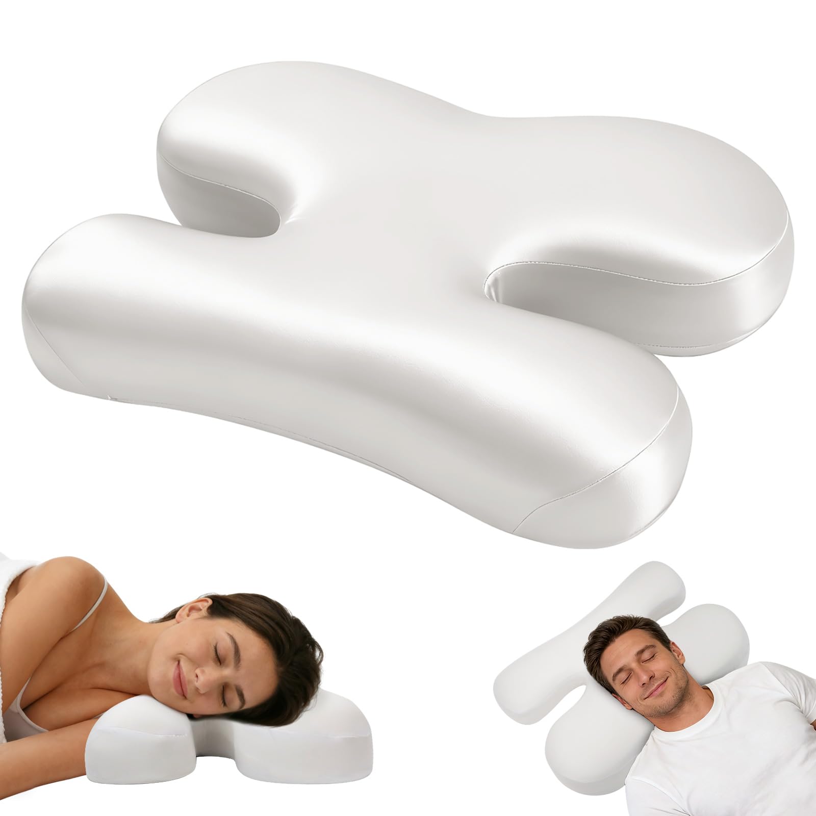 vocheer Side Sleeper Pillow for Anti-Wrinkle, Cooling Memory Foam Beauty Pillows for Neck Pain & Breathing Smoothly, Silky Satin Anti-Aging Pillow with Ergonomic Design for Side Sleepers (White)