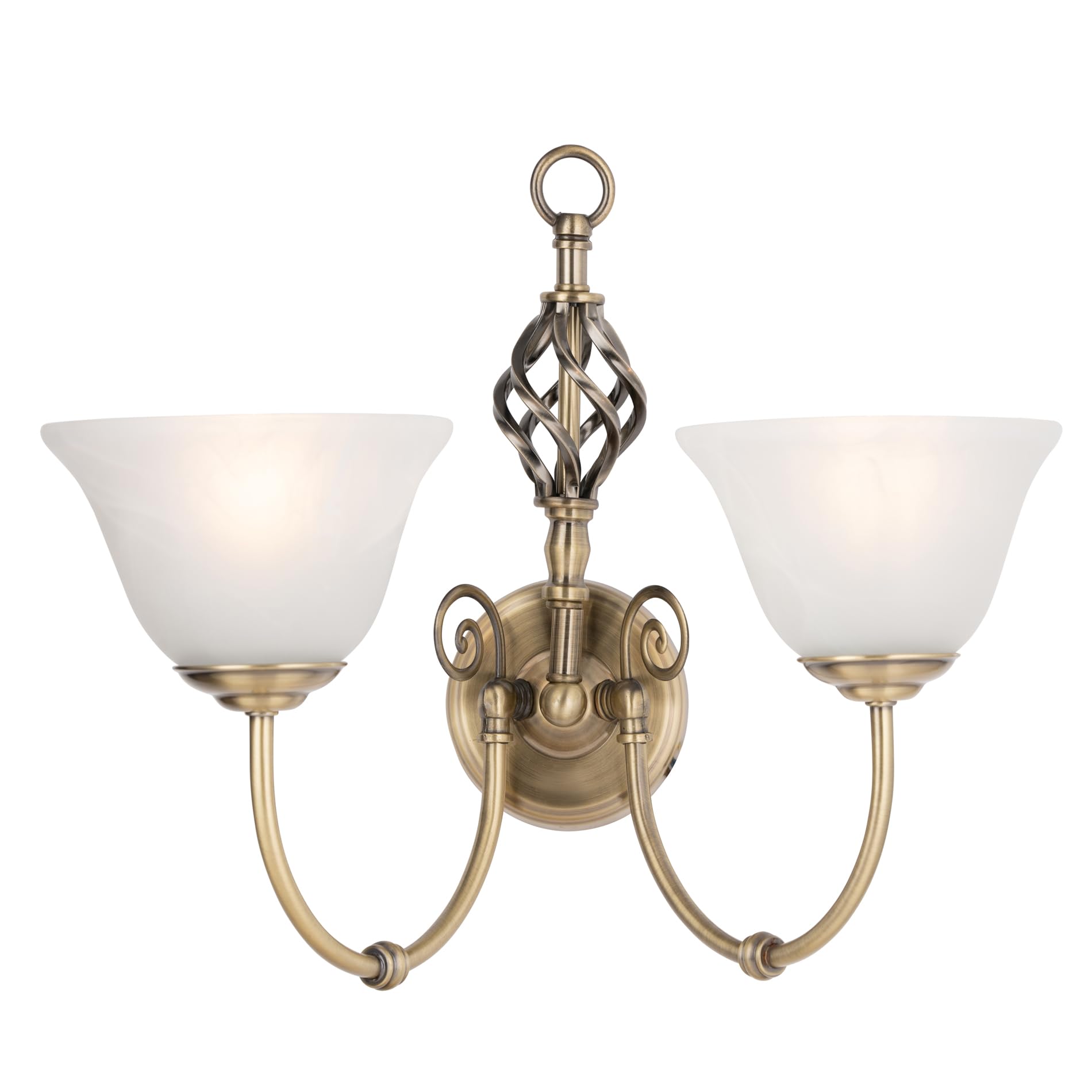 Lighting Supermarket Antique Brass Kingswood Barley Twist Traditional Double Wall Light With Alabaster Glass