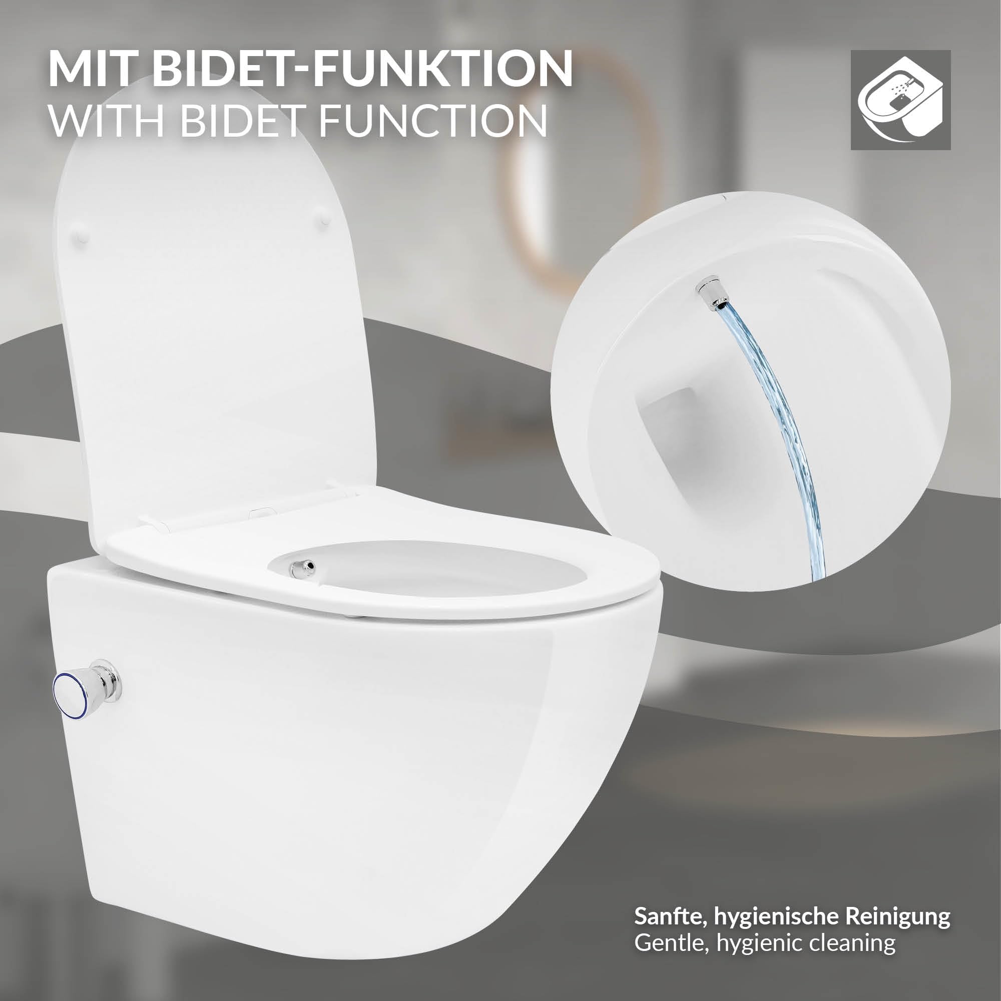 LuxeBath WC Suspendido con Función Bidé Blanco Brillante de Cerámica sin Borde, Inodoro Colgante Corto 49 cm con Nanorecubrimiento Descarga Profunda de Tornado para Baño, Wáter con Asiento Extraíble