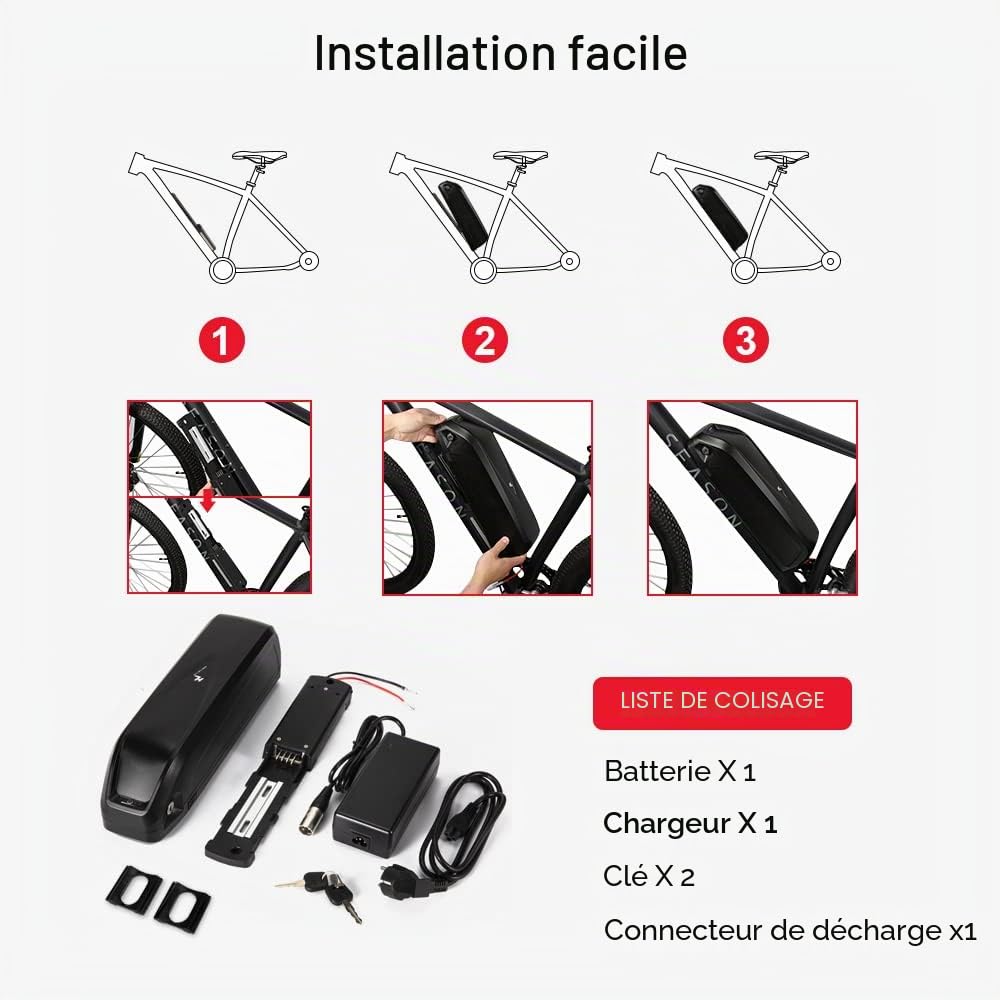 SEASON Batterie Ebike Hailong 36V 48V 52V 13-20Ah Batterie de vélo électrique convient pour vélo électrique 1000W / 750W / 500W, Batterie lithium-ion 4 broches avec chargeur