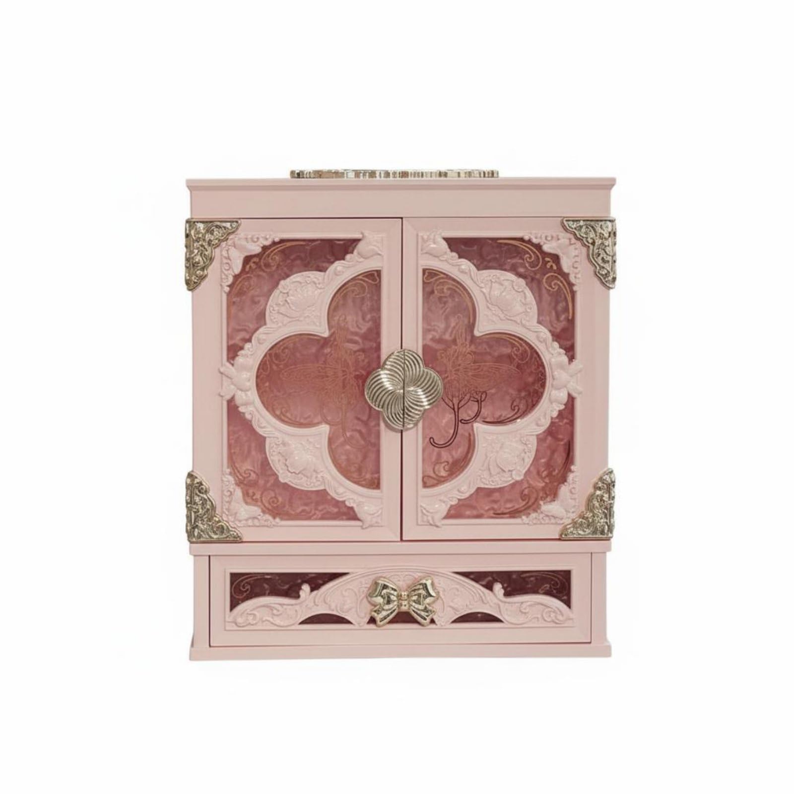 Large Capacity LED Makeup Organizer Mirror 3 Color Light Makeup Storage Cabinet Butterfly Design Vintage Cosmetic Box Dustproof for Women, Girls, Dressing Room, Bedroom, Pink, with Led Light-image-43