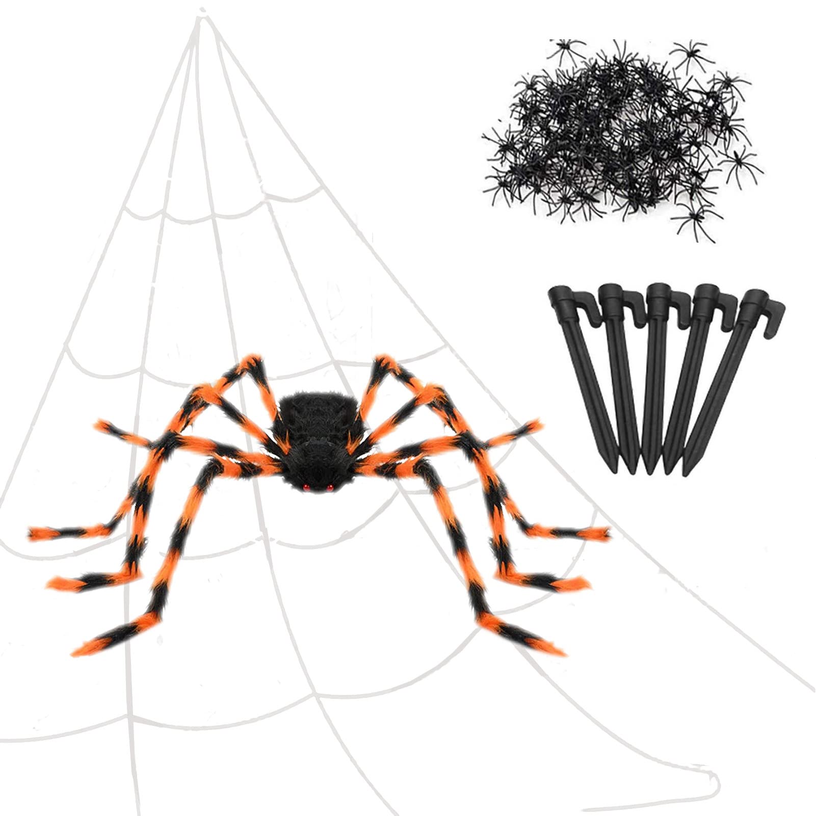 2 telarañas para decoración de Halloween, telarañas de Halloween con araña gigante de 50 pulgadas, arañas peludas realistas, accesorios de miedo, telarañas elásticas de Halloween y 20 arañas