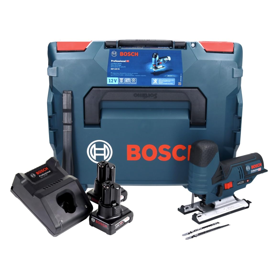 Bosch GST 12 V-70 akumulatorowa wyrzynarka 12 V w walizce L-Boxx + 2 x akumulator 6,0 Ah + ładowarka