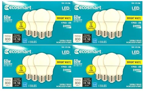 Led technology EcoSmart 60W Equivalent Bright White A19, Dimmable LED Light Bulb (16 Pack)