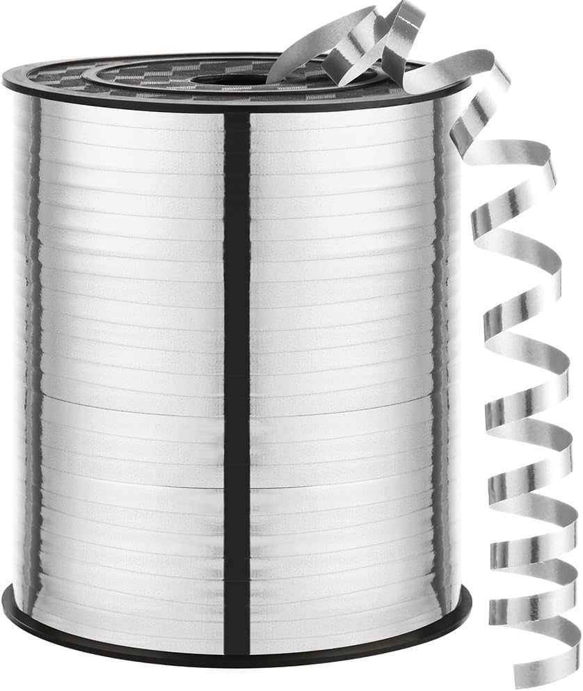 Goldedge 500 Yards Shiny Curling Ribbon Silver, 5MM Crimps Balloon Ribbon, Smooth Metallic Balloon String for Gift Wrapping, Party Decoration, Balloon Ribbon, DIY Craft Art，Bundle of Flowers (Silver)