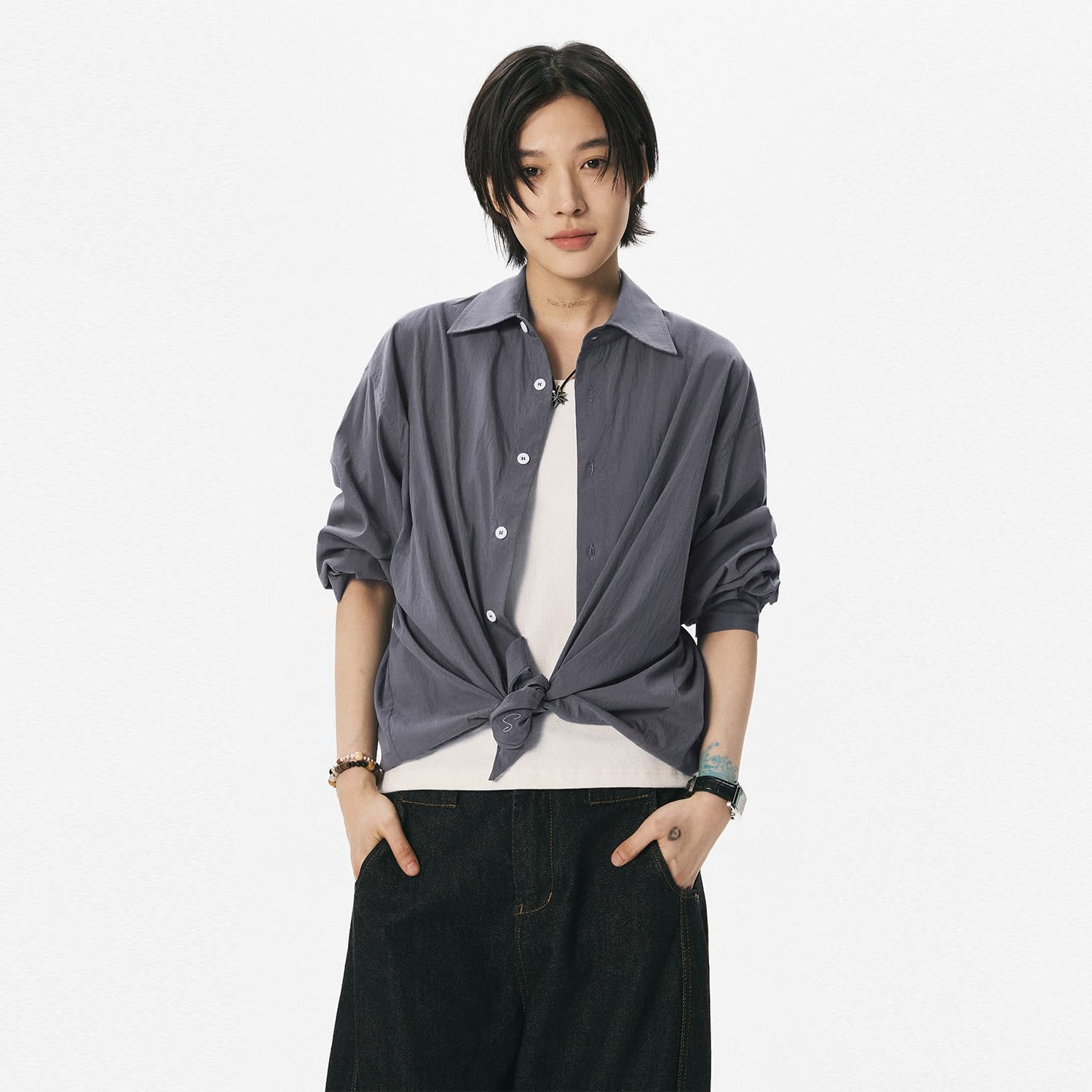 Women's Blue08 Long Sleeve Shirt Unisex Lapel Summer Style Shirts for Women