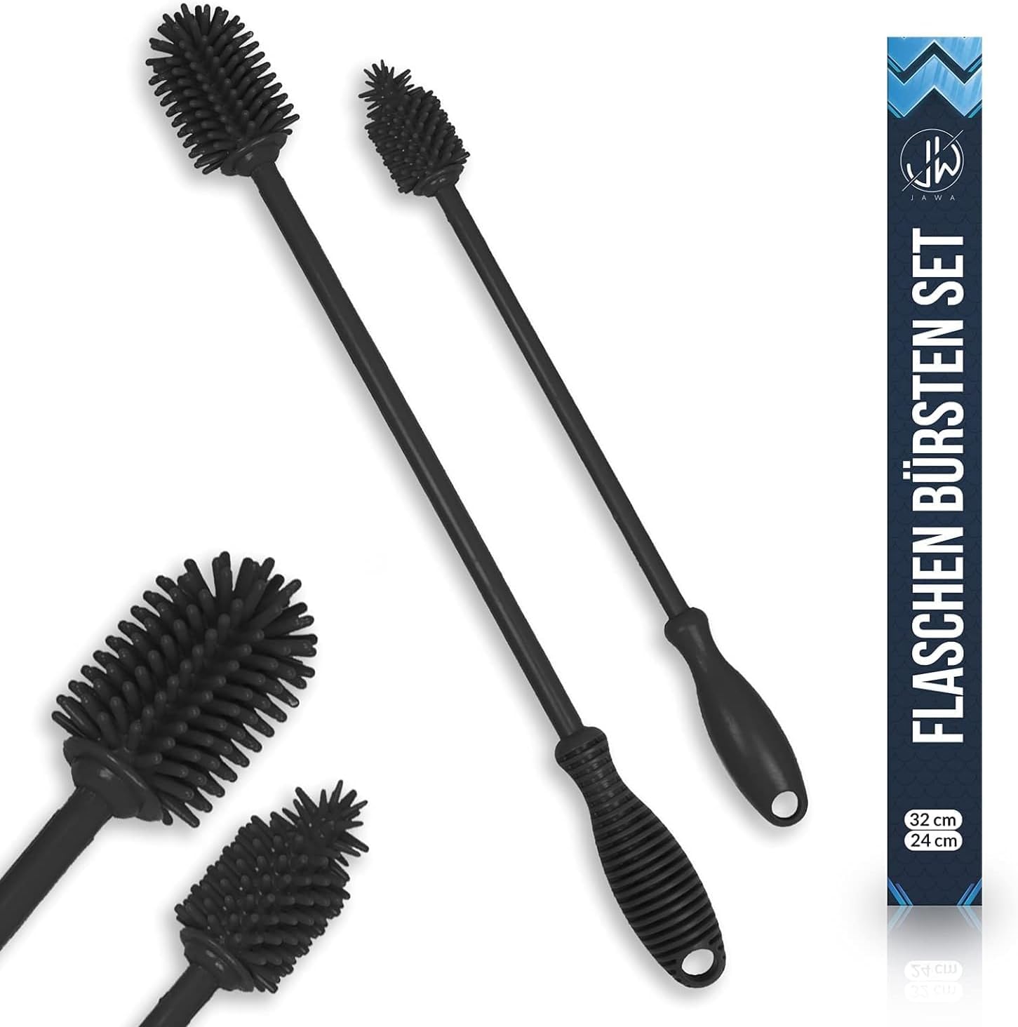 JAWAonline Spülbürsten Set 38cm und 32cm - Flaschenbürste Silikon schonend und kratzfrei - Flexible Flaschenreiniger Bürste - Premium Bottle Brush - Reinigungsbürste für kleine und große Flaschen