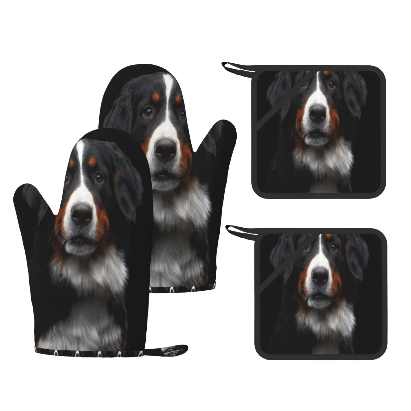 Ensemble de Quatre Gants et maniques résistants à la Chaleur, Gants de Cuisine antidérapants, maniques de Four, Motif Bouvier Bernois