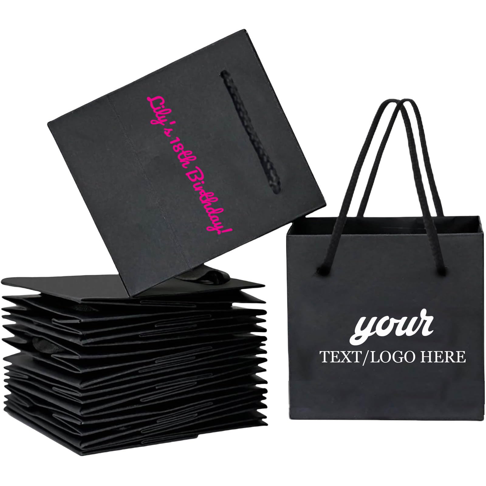 1-100 Pack Personalised Mini Gift Bags with Ribbon Handles - Custom Printed Name/Text/Logo - 14x14x3.5cm - Small Party Favor Bags for Wedding, Birthday, Corporate Event, Baby Showers (Black)