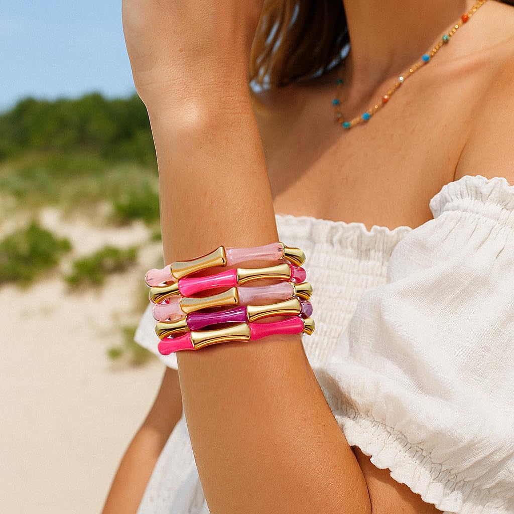 Gold Tube Bangle Bracelets for Women Stackable Bamboo Chunky Acrylic Beads Stretch Friendship Summer Beach Bracelet Jewelry - Image 4