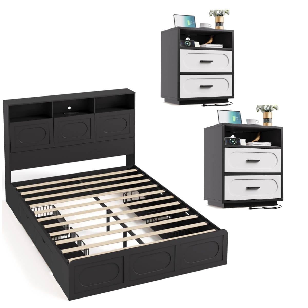 3 Pieces Bedroom Set, Queen Size Bed Frame with Storage Headboard, 2 Nightstands with Charging Station, Black
