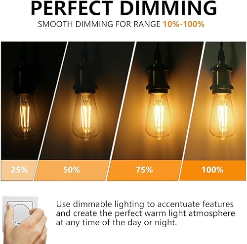 Miniatura 3 de BORT ST58ST19 - Bombillas LED Edison vintage, blanco cálido 2700 K, bombillas Edison regulables de 6 W, equivalente a 60 W, 700 LM, bombilla LED de