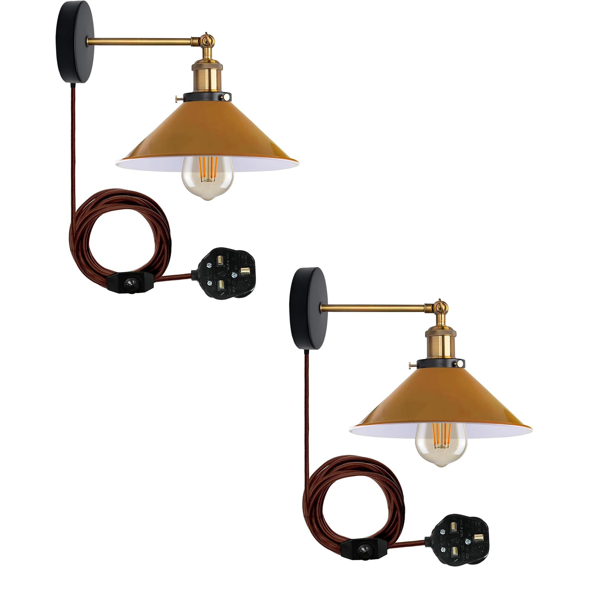 LEDSone Retro Industrial Wall Light Plug in Wall Lamp Metal Cone Shape Shade Indoor Light Fitting with Dimmer Switch for Bedroom Hallway Restaurants (Yellow 2 Pack, with Bulb)